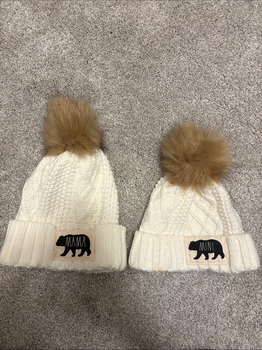Rae Dunn Mama & Mini Ivory Cable Knit Pom Beanie Set
